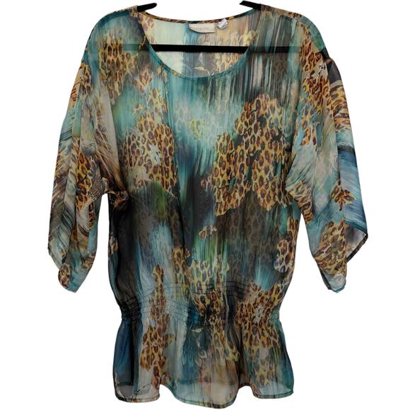 Chico's Teal Animal Print Sheer Blouse with flowy sleeves & elastic waist Medium - Picture 1 of 8